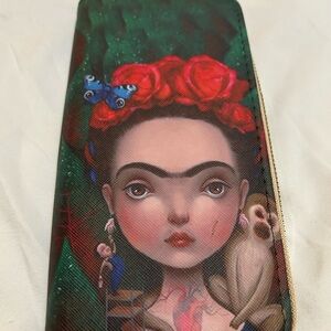 Artistic Women's Frida Kahlo Wallet with Red and Green Design